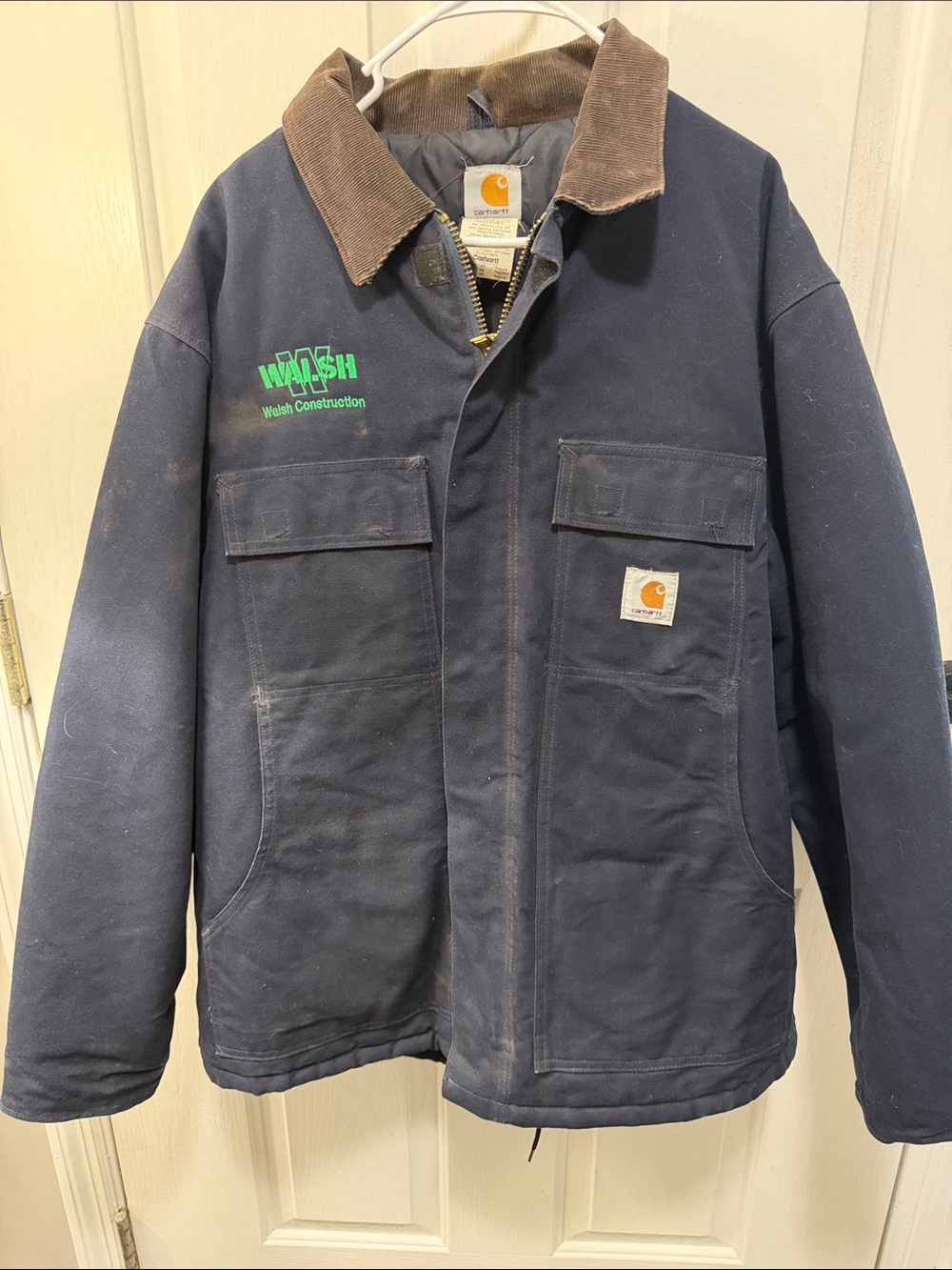 Carhartt Navy Duck Chore Jacket with Brown Corduroy Collar C03-DNY 46Reg